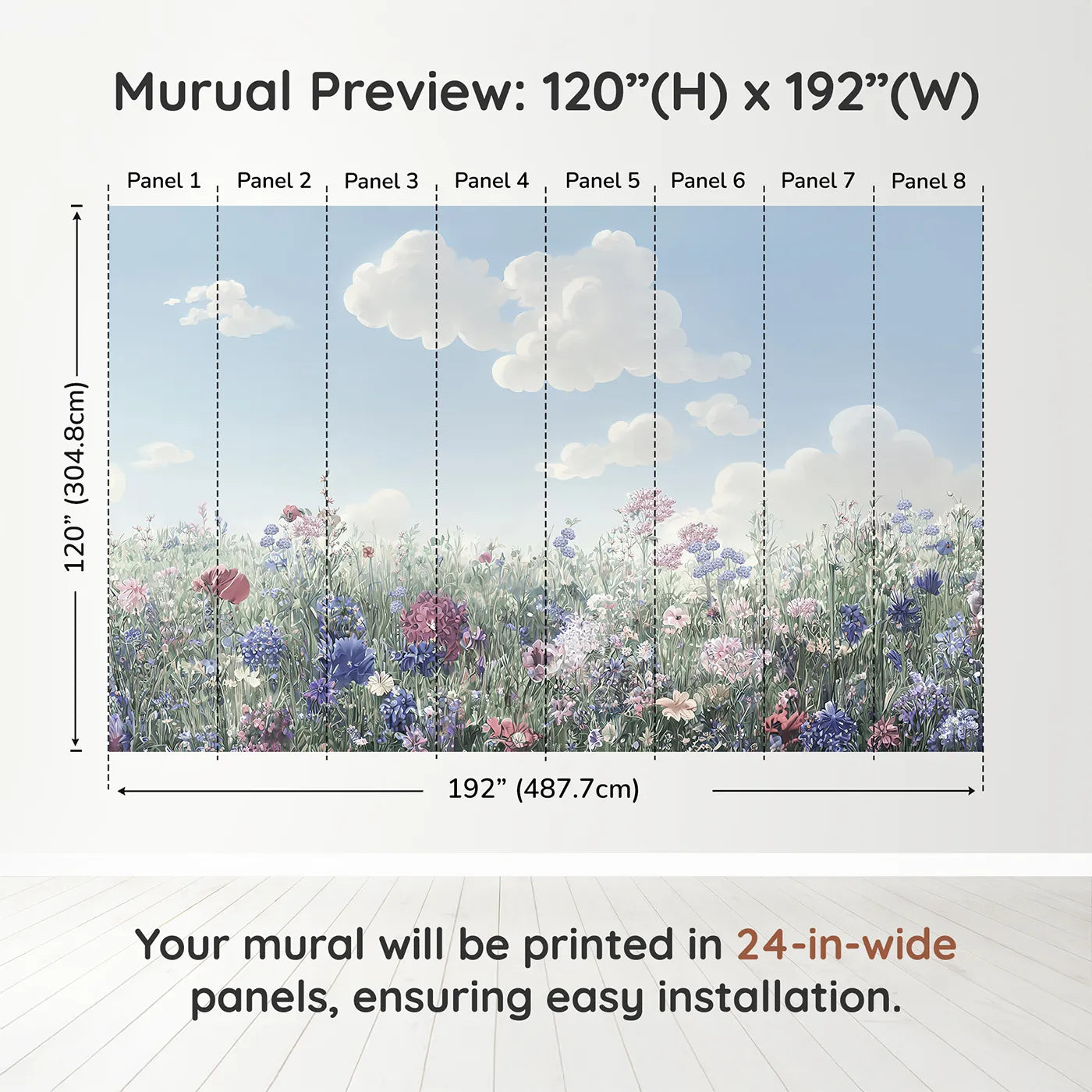 Whimsy Tots Pastel Wildflower Meadow Wall Muraldimension view (120" H x 192" W). Printed in eight 24-inch-wide panels. Gender-Neutral