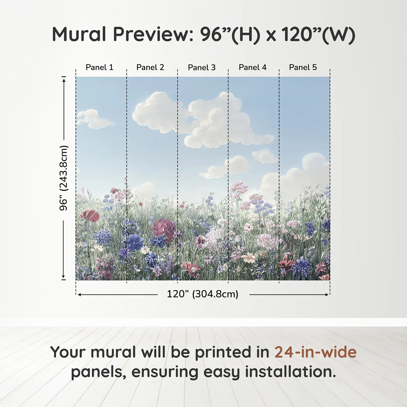 Whimsy Tots Pastel Wildflower Meadow Wall Muraldimension view (96" H x 120" W). Printed in five 24-inch-wide panels. Gender-Neutral