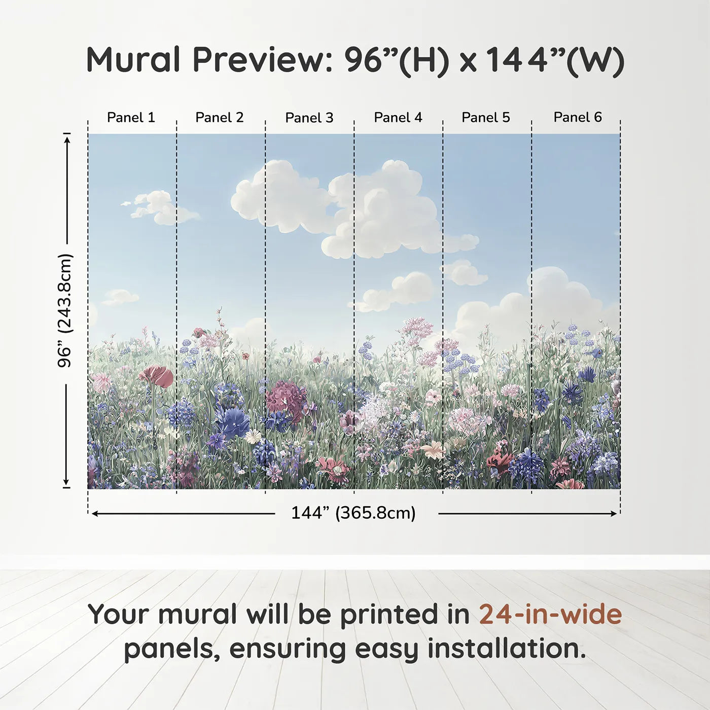 Whimsy Tots Pastel Wildflower Meadow Wall Muraldimension view (96" H x 144" W). Printed in six 24-inch-wide panels. Gender-Neutral