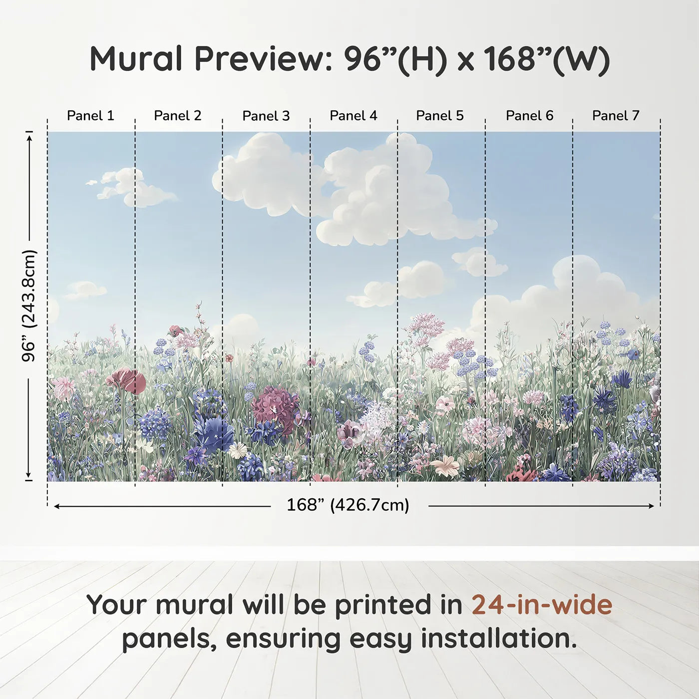 Whimsy Tots Pastel Wildflower Meadow Wall Muraldimension view (96" H x 168" W). Printed in seven 24-inch-wide panels. Gender-Neutral