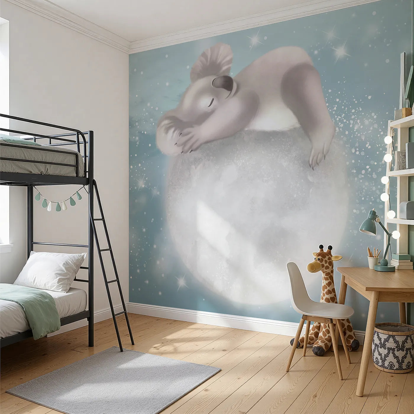 Angled view of Whimsy Tots' Koala on the Moon Wall Mural (Turn Their Room into the Sweetest, Starriest Dreamland).Gender-Neutral