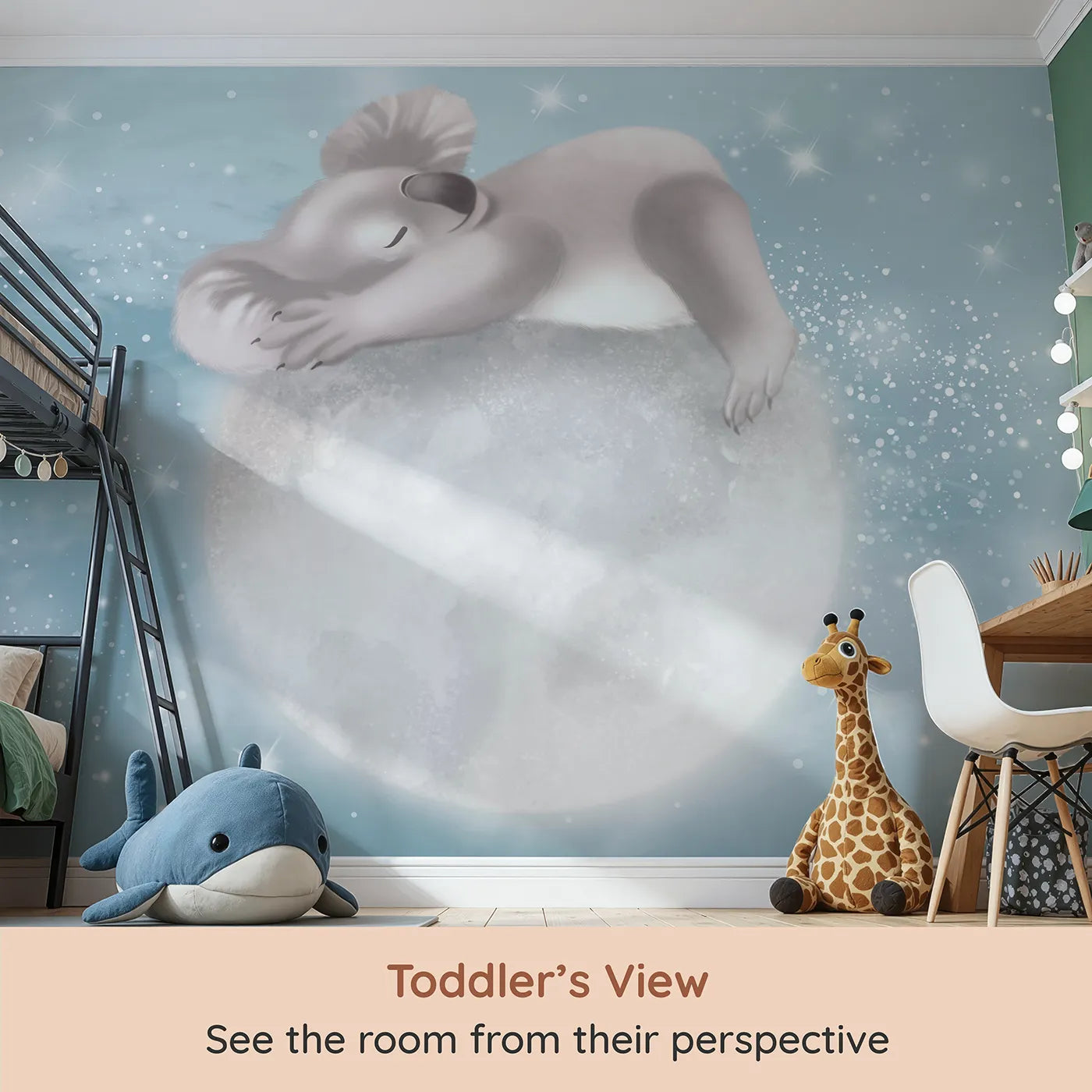 Whimsy Tots Koala on the Moon Wall Mural (Turn Their Room into the Sweetest, Starriest Dreamland) from your child's view.Gender-Neutral