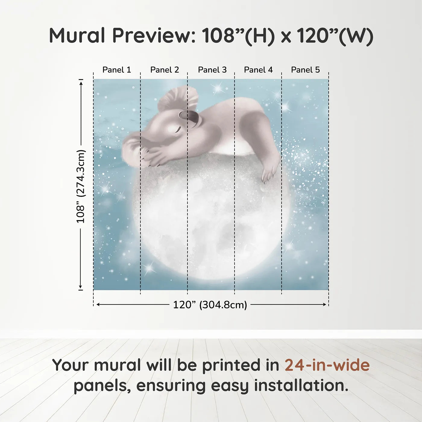 Whimsy Tots Koala on the Moon Wall Muraldimension view (108" H x 120" W). Printed in five 24-inch-wide panels. Gender-Neutral