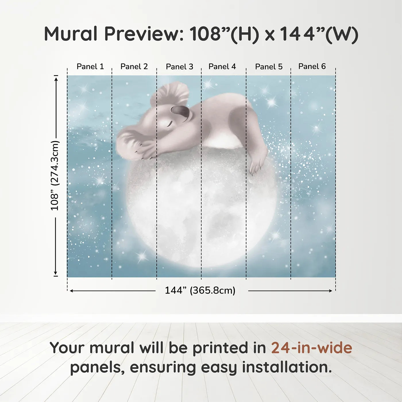 Whimsy Tots Koala on the Moon Wall Muraldimension view (108" H x 144" W). Printed in six 24-inch-wide panels. Gender-Neutral