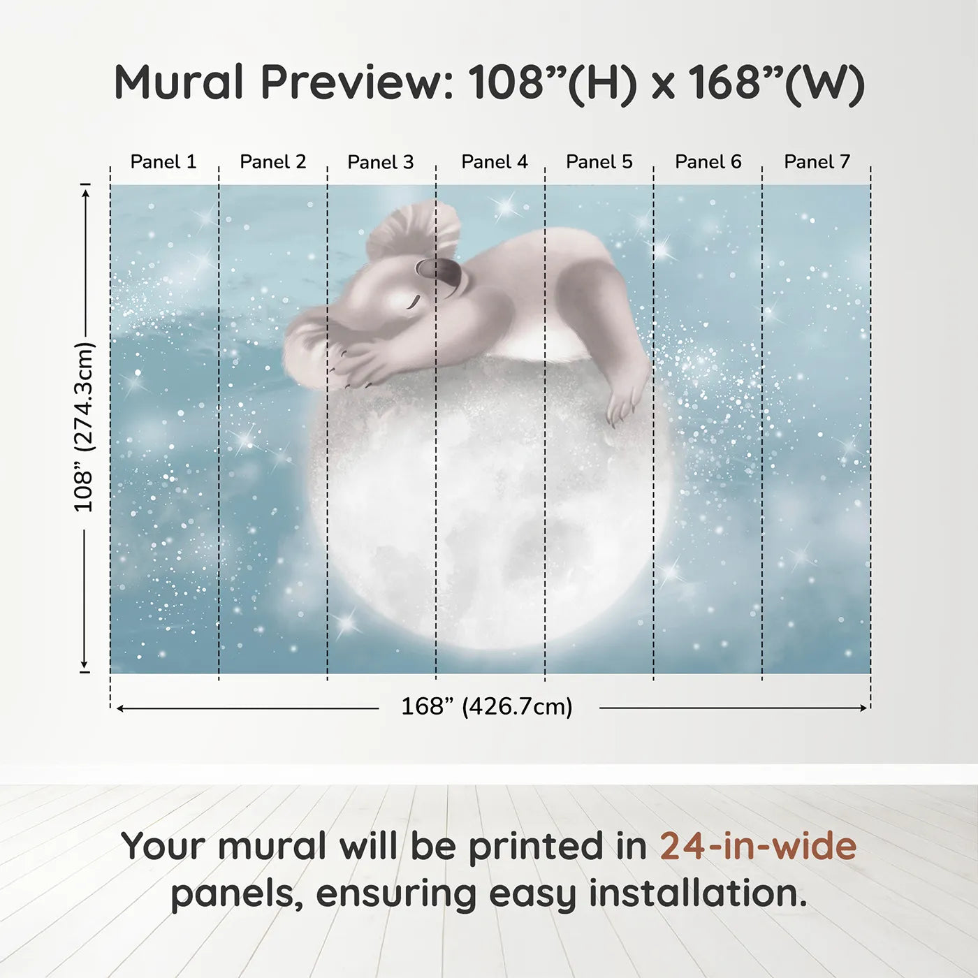 Whimsy Tots Koala on the Moon Wall Muraldimension view (108" H x 168" W). Printed in seven 24-inch-wide panels. Gender-Neutral