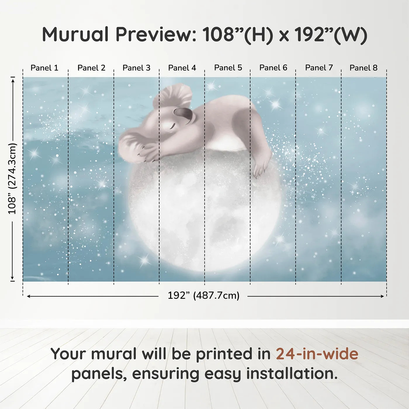 Whimsy Tots Koala on the Moon Wall Muraldimension view (108" H x 192" W). Printed in eight 24-inch-wide panels. Gender-Neutral
