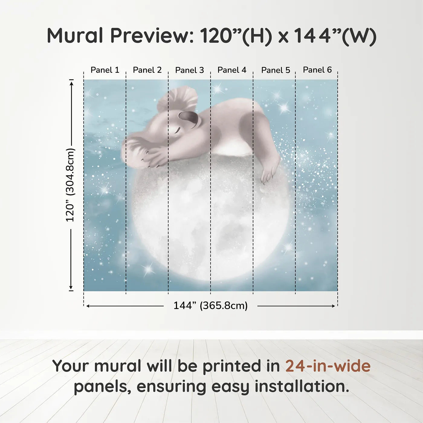 Whimsy Tots Koala on the Moon Wall Muraldimension view (120" H x 144" W). Printed in six 24-inch-wide panels. Gender-Neutral