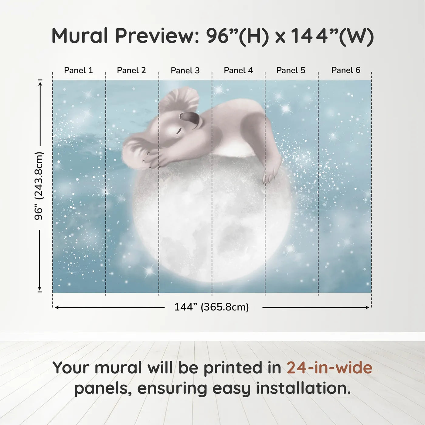 Whimsy Tots Koala on the Moon Wall Muraldimension view (96" H x 144" W). Printed in six 24-inch-wide panels. Gender-Neutral
