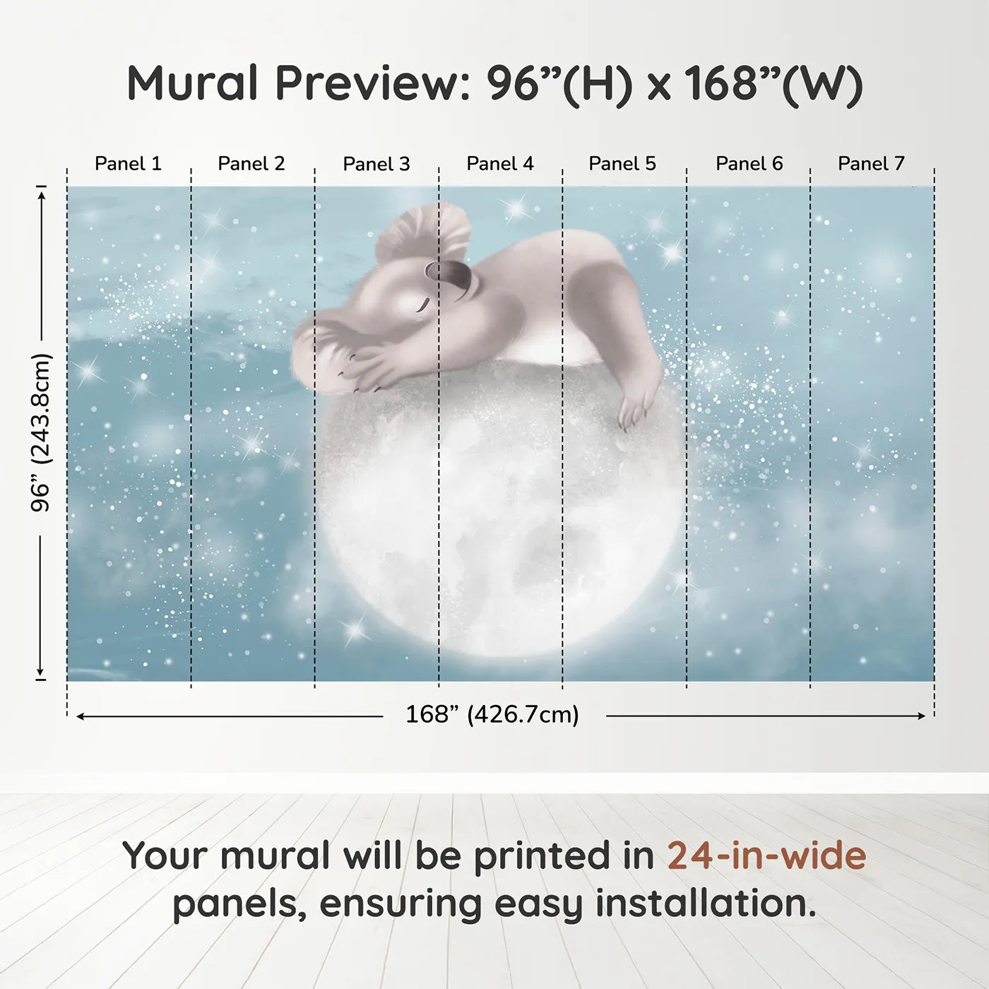 Whimsy Tots Koala on the Moon Wall Muraldimension view (96" H x 168" W). Printed in seven 24-inch-wide panels. Gender-Neutral