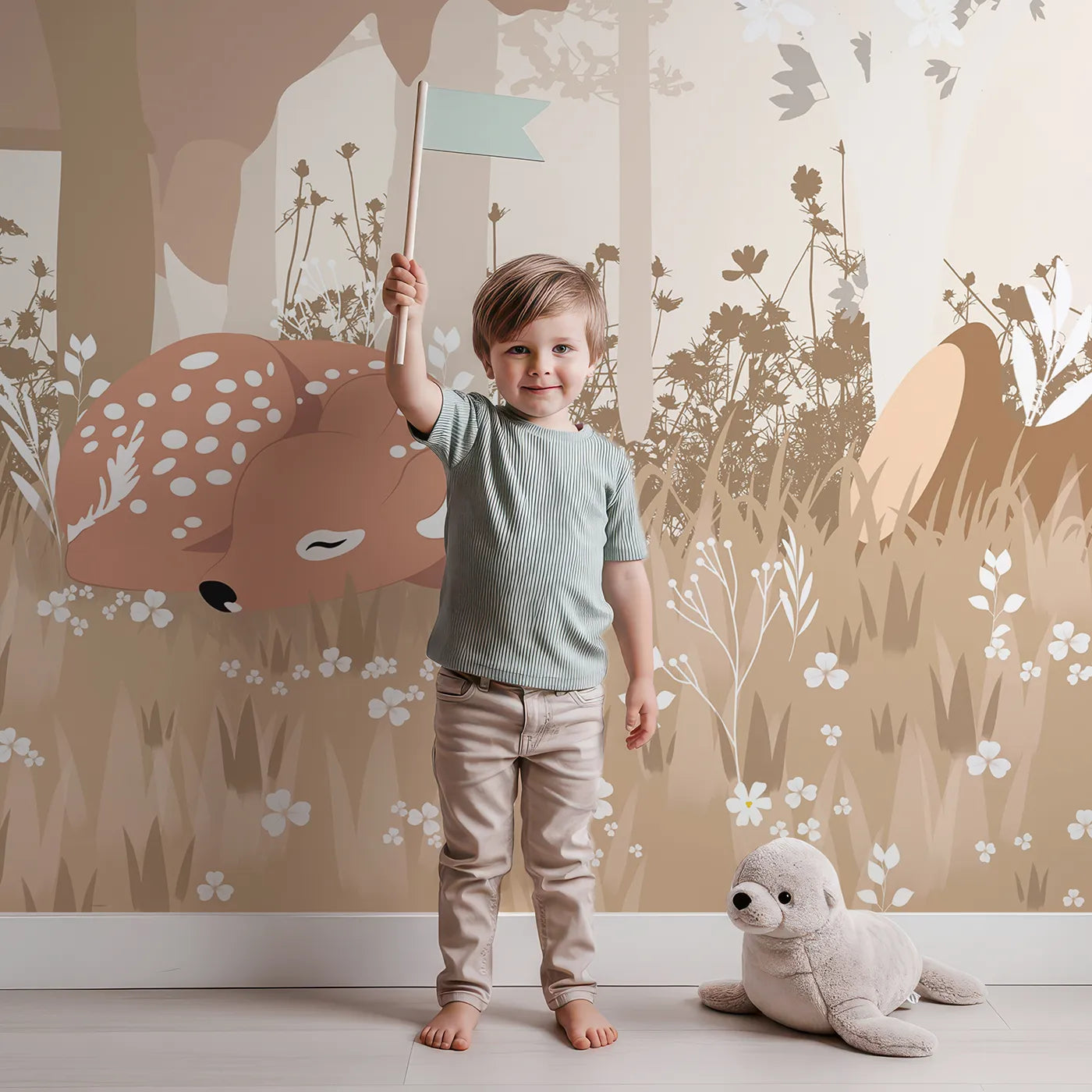 Child in front of Whimsy Tots Monochrome Woodland Friends Wall Mural with woodland, animal, forest, sepia, brown, deer, bear, fox in design.