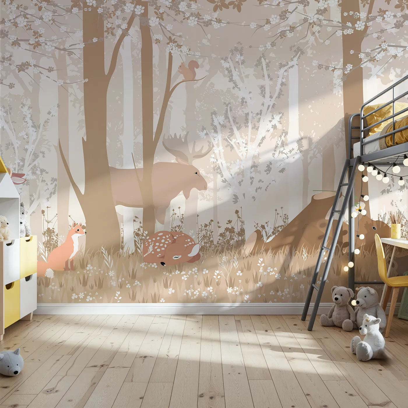 Front view of Whimsy Tots' Monochrome Woodland Friends Wall Mural