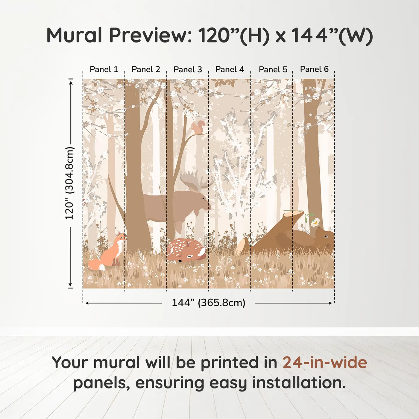 Whimsy Tots Monochrome Woodland Friends Wall Muraldimension view (120" H x 144" W). Printed in six 24-inch-wide panels. Gender-Neutral