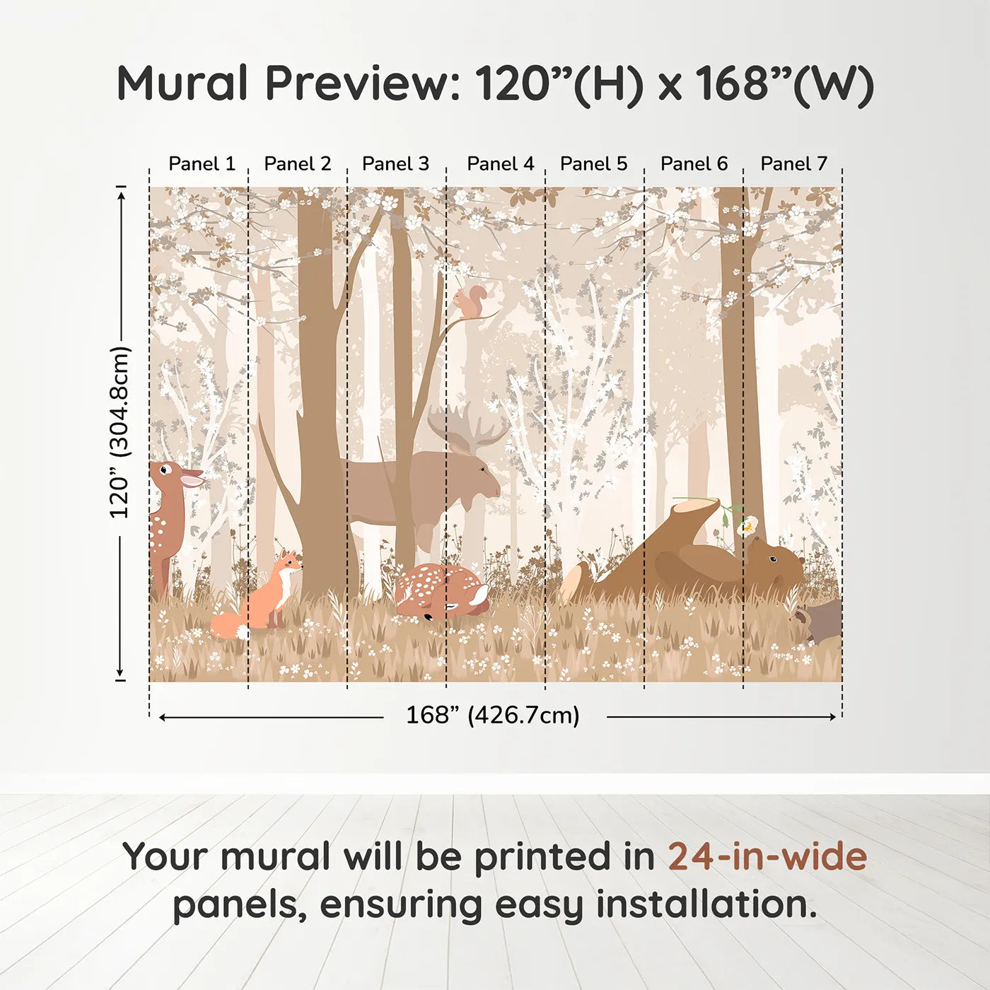 Whimsy Tots Monochrome Woodland Friends Wall Muraldimension view (120" H x 168" W). Printed in seven 24-inch-wide panels. Gender-Neutral