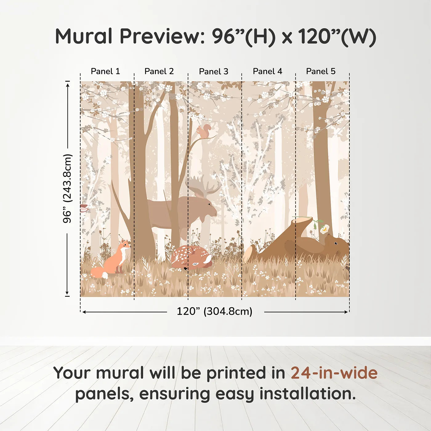 Whimsy Tots Monochrome Woodland Friends Wall Muraldimension view (96" H x 120" W). Printed in five 24-inch-wide panels. Gender-Neutral