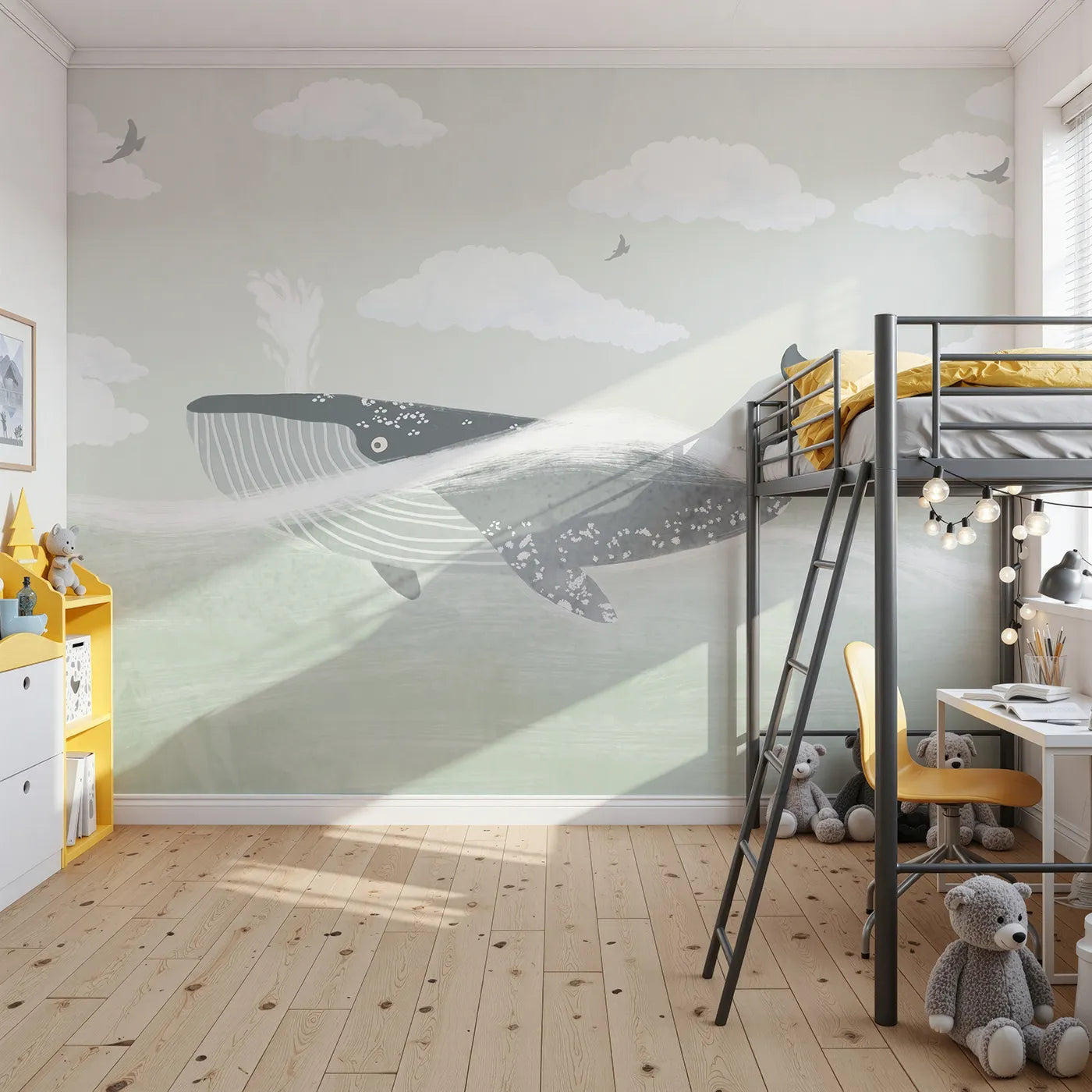Front view of Whimsy Tots' Misty Whale Wall Mural