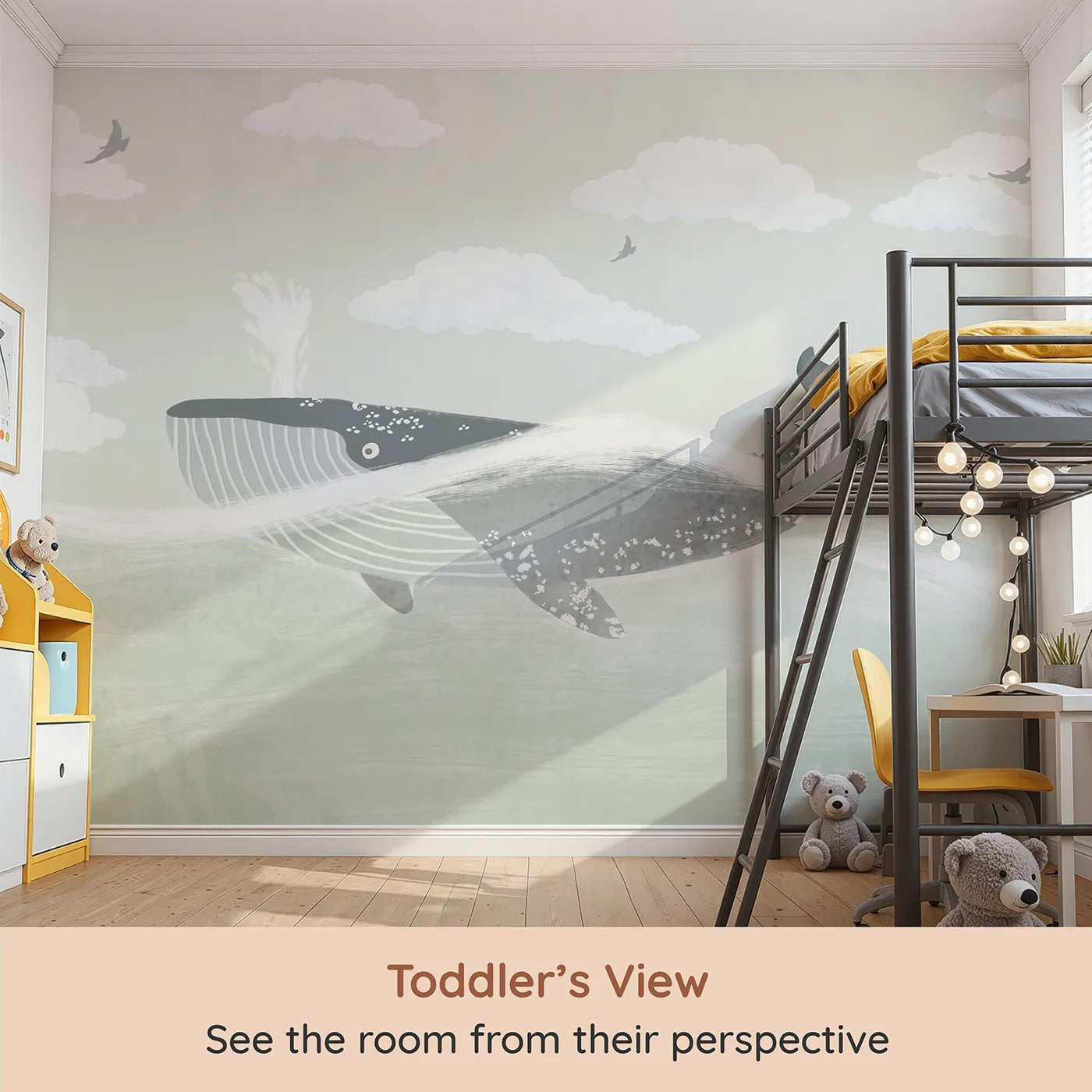 Whimsy Tots Misty Whale Wall Mural (Turn Their Room into a Calm and Ethereal Ocean Dream) from your child's view.Gender-Neutral