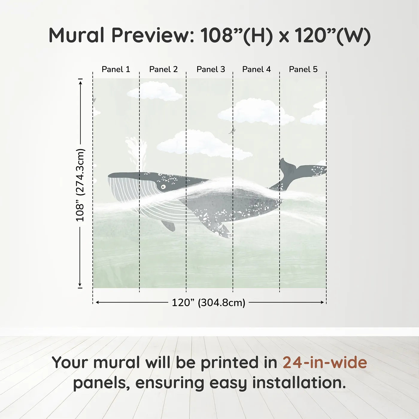 Whimsy Tots Misty Whale Wall Muraldimension view (108" H x 120" W). Printed in five 24-inch-wide panels. Gender-Neutral