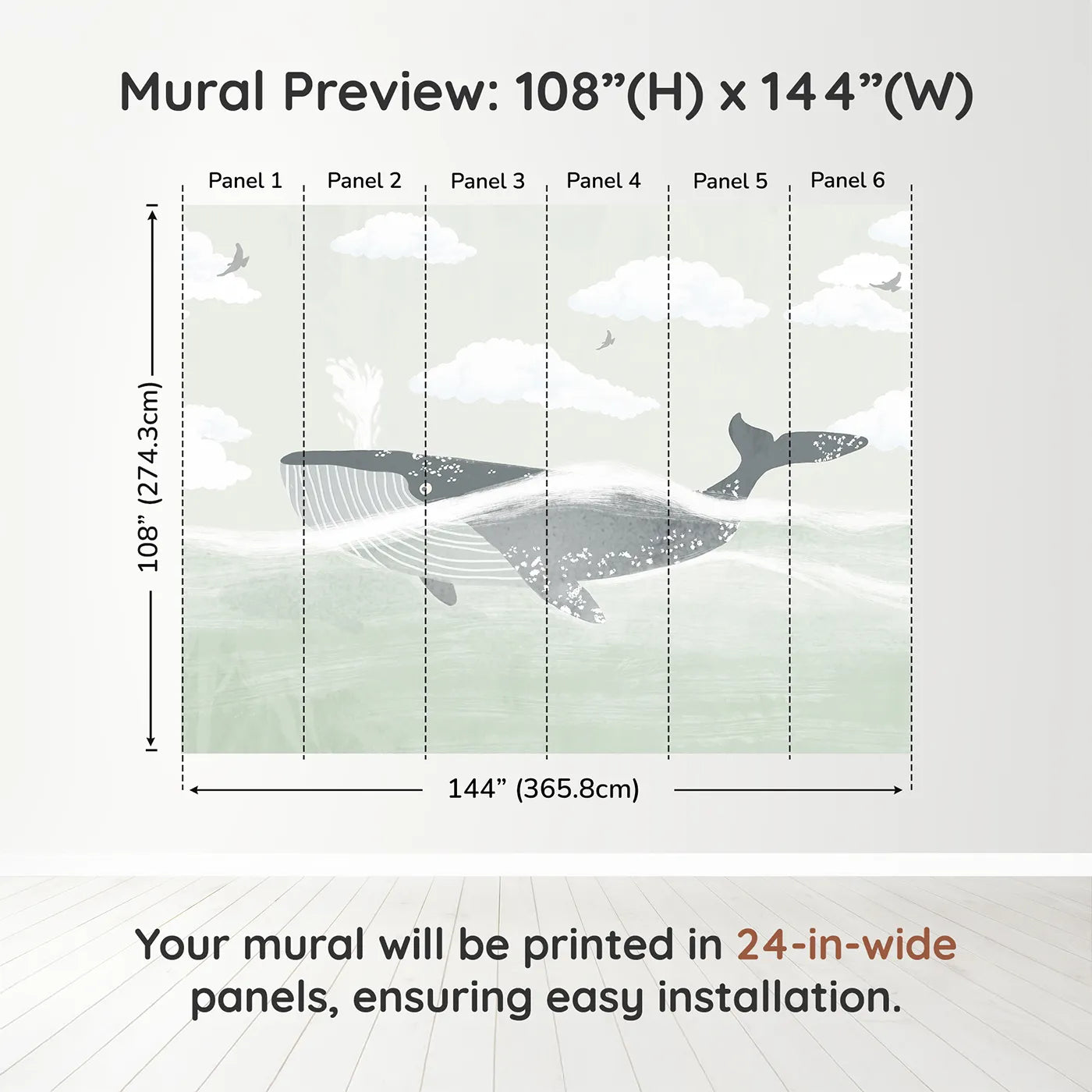 Whimsy Tots Misty Whale Wall Muraldimension view (108" H x 144" W). Printed in six 24-inch-wide panels. Gender-Neutral