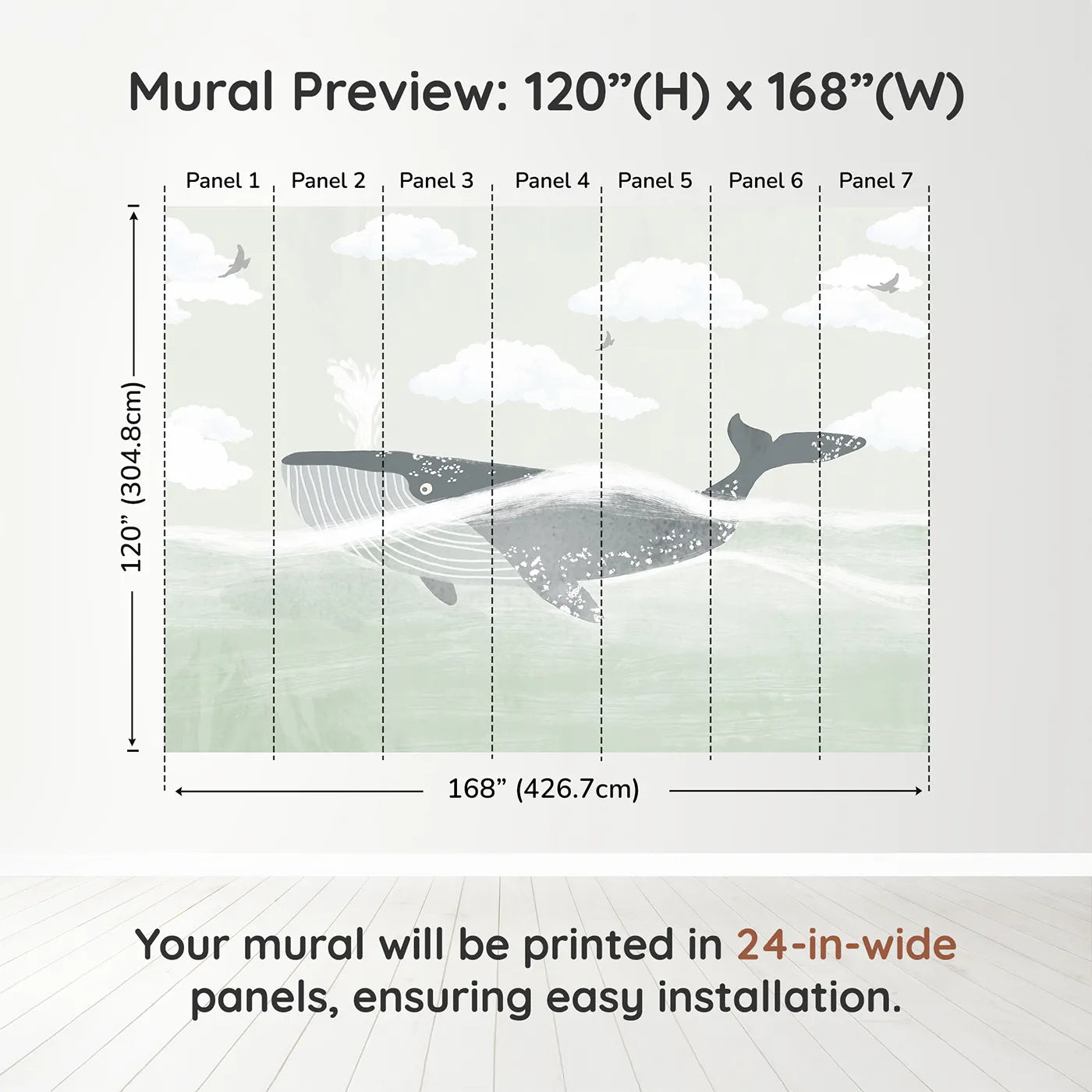Whimsy Tots Misty Whale Wall Muraldimension view (120" H x 168" W). Printed in seven 24-inch-wide panels. Gender-Neutral