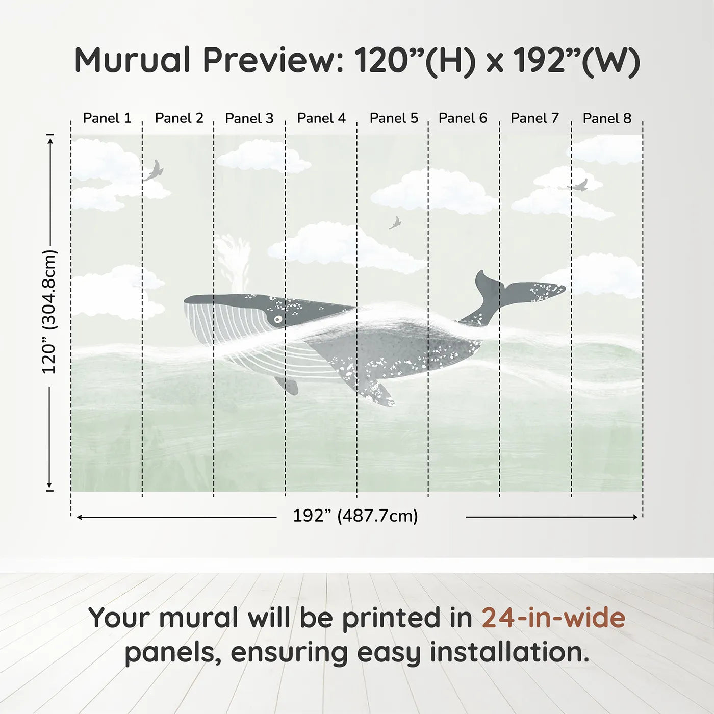 Whimsy Tots Misty Whale Wall Muraldimension view (120" H x 192" W). Printed in eight 24-inch-wide panels. Gender-Neutral
