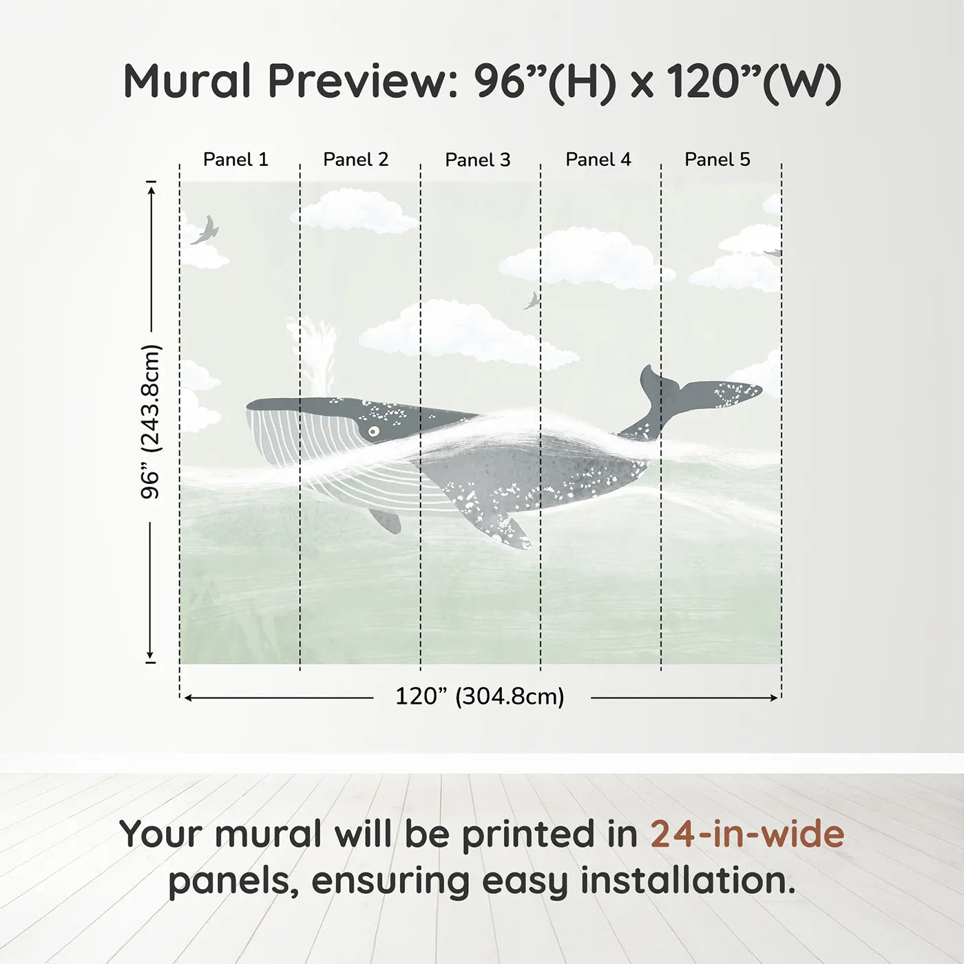 Whimsy Tots Misty Whale Wall Muraldimension view (96" H x 120" W). Printed in five 24-inch-wide panels. Gender-Neutral
