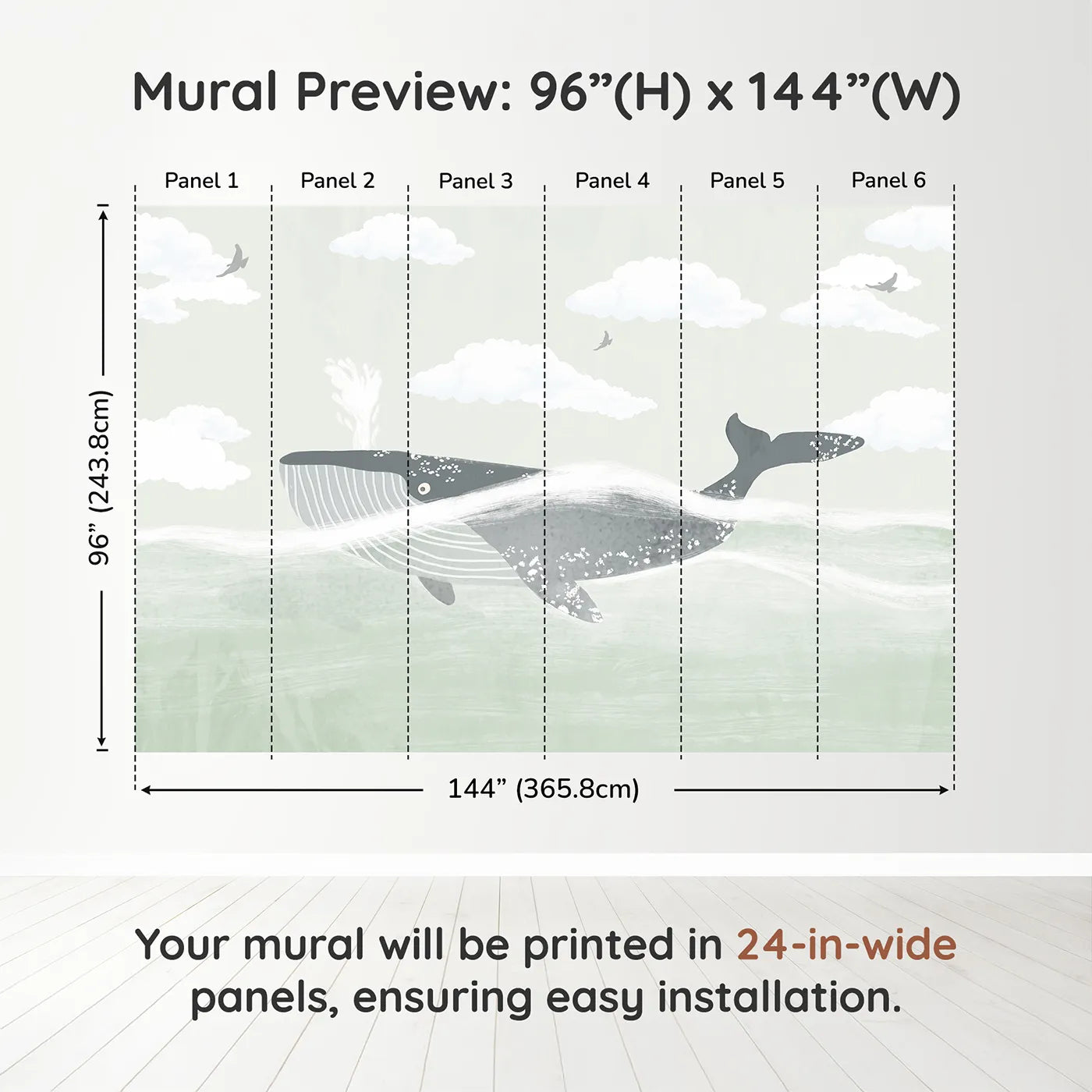 Whimsy Tots Misty Whale Wall Muraldimension view (96" H x 144" W). Printed in six 24-inch-wide panels. Gender-Neutral