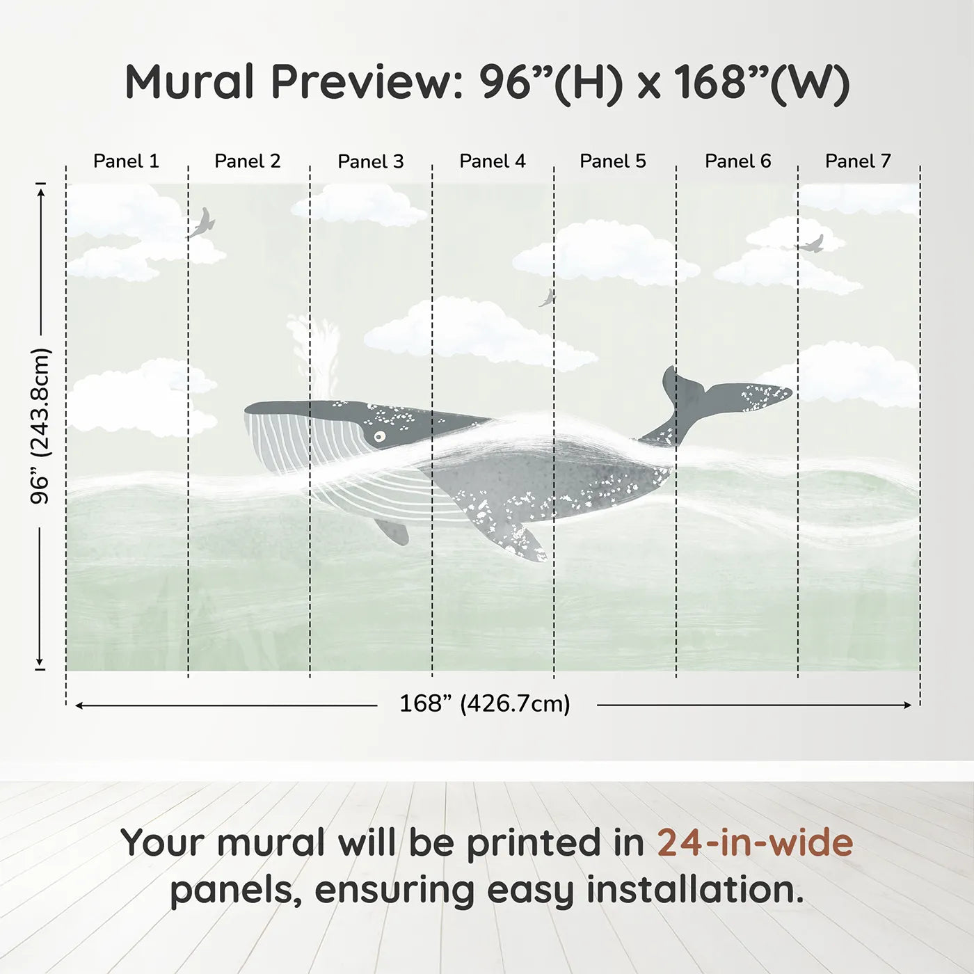 Whimsy Tots Misty Whale Wall Muraldimension view (96" H x 168" W). Printed in seven 24-inch-wide panels. Gender-Neutral