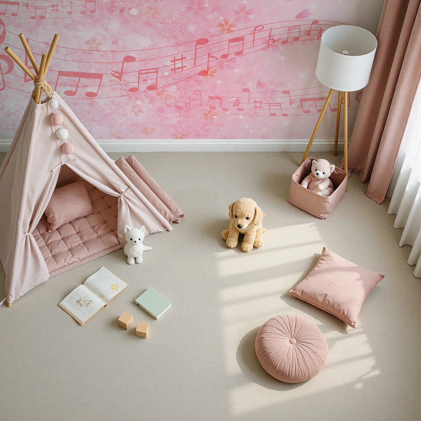 Top-down view of Whimsy Tots' Pink Cherry Blossom Melody Wall Mural (Turn Their Room into a Sparkling Spring Symphony).Best for Girls