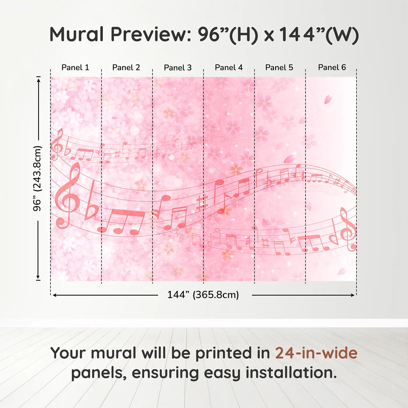 Whimsy Tots Pink Cherry Blossom Melody Wall Muraldimension view (96" H x 144" W). Printed in six 24-inch-wide panels. Best for Girls