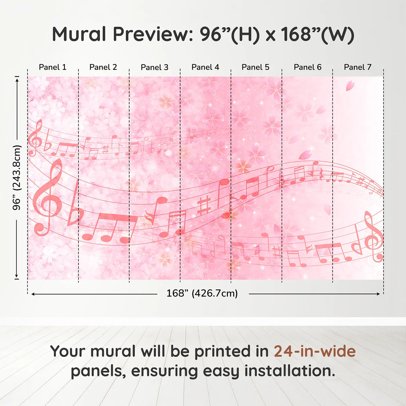 Whimsy Tots Pink Cherry Blossom Melody Wall Muraldimension view (96" H x 168" W). Printed in seven 24-inch-wide panels. Best for Girls