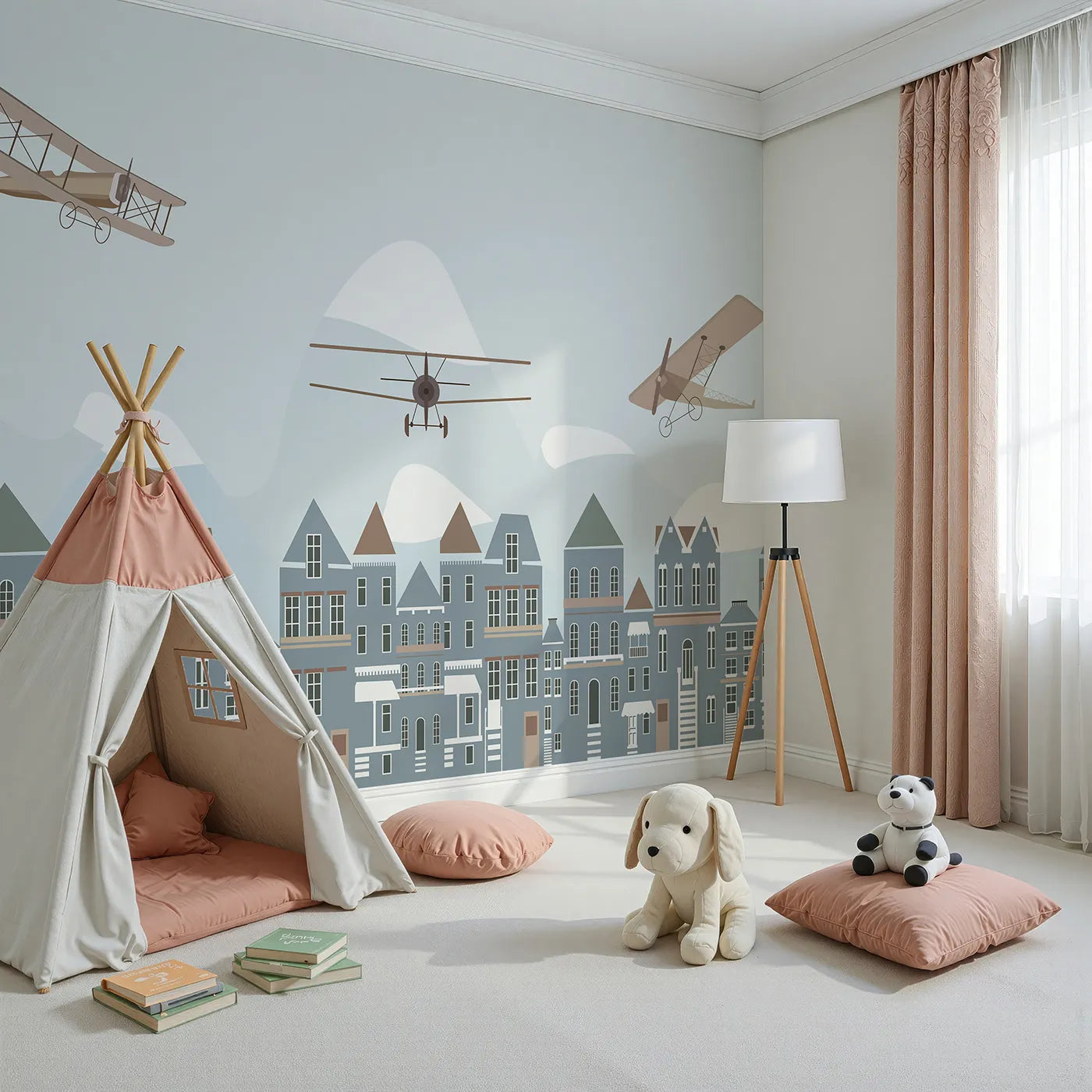 Angled view of Whimsy Tots' Vintage Planes Over Town Wall Mural (Turn Their Room into a Nostalgic European Air Show).Gender-Neutral