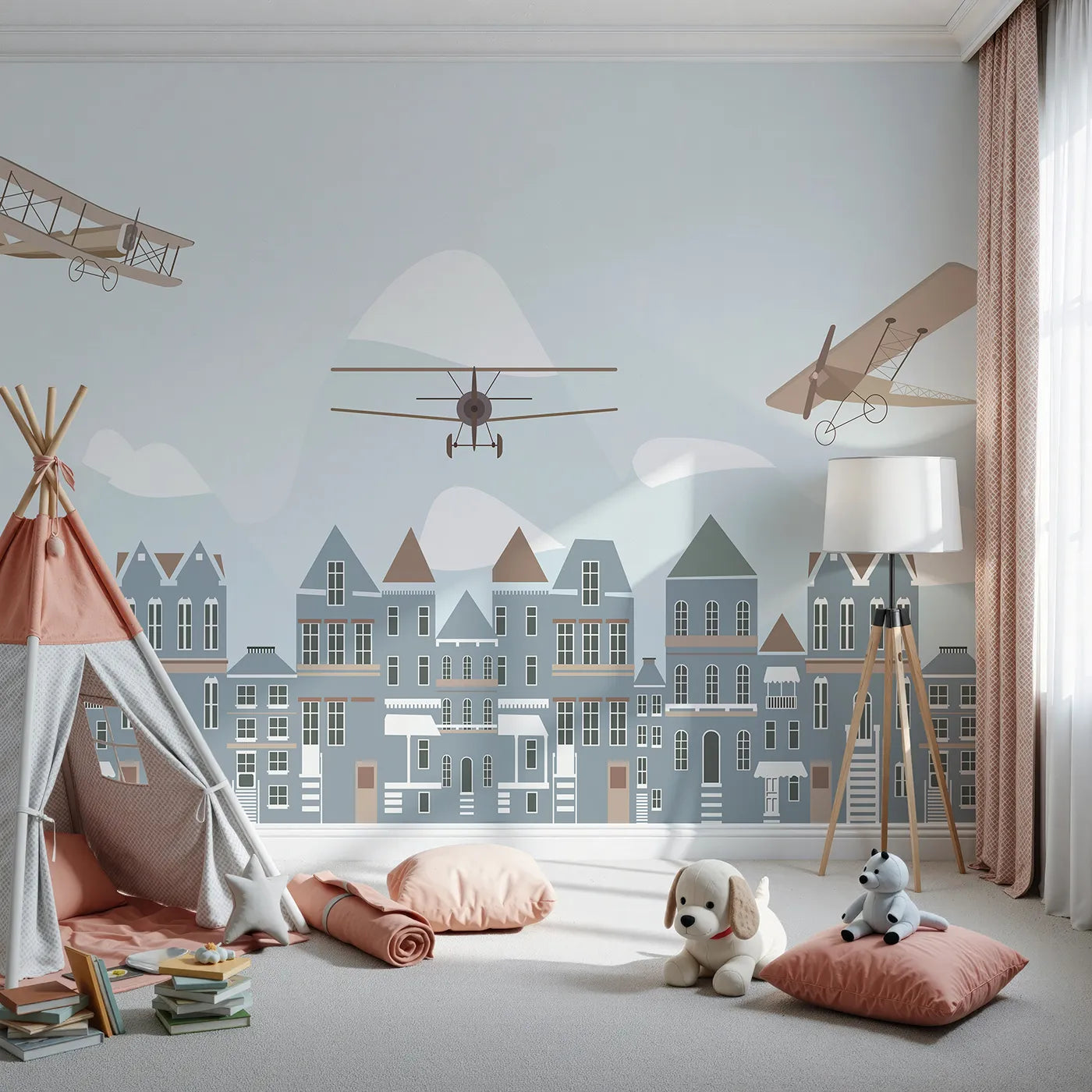 Front view of Whimsy Tots' Vintage Planes Over Town Wall Mural