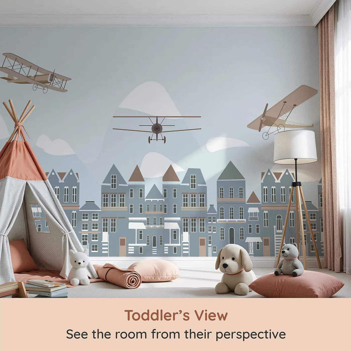 Whimsy Tots Vintage Planes Over Town Wall Mural (Turn Their Room into a Nostalgic European Air Show) from your child's view.Gender-Neutral