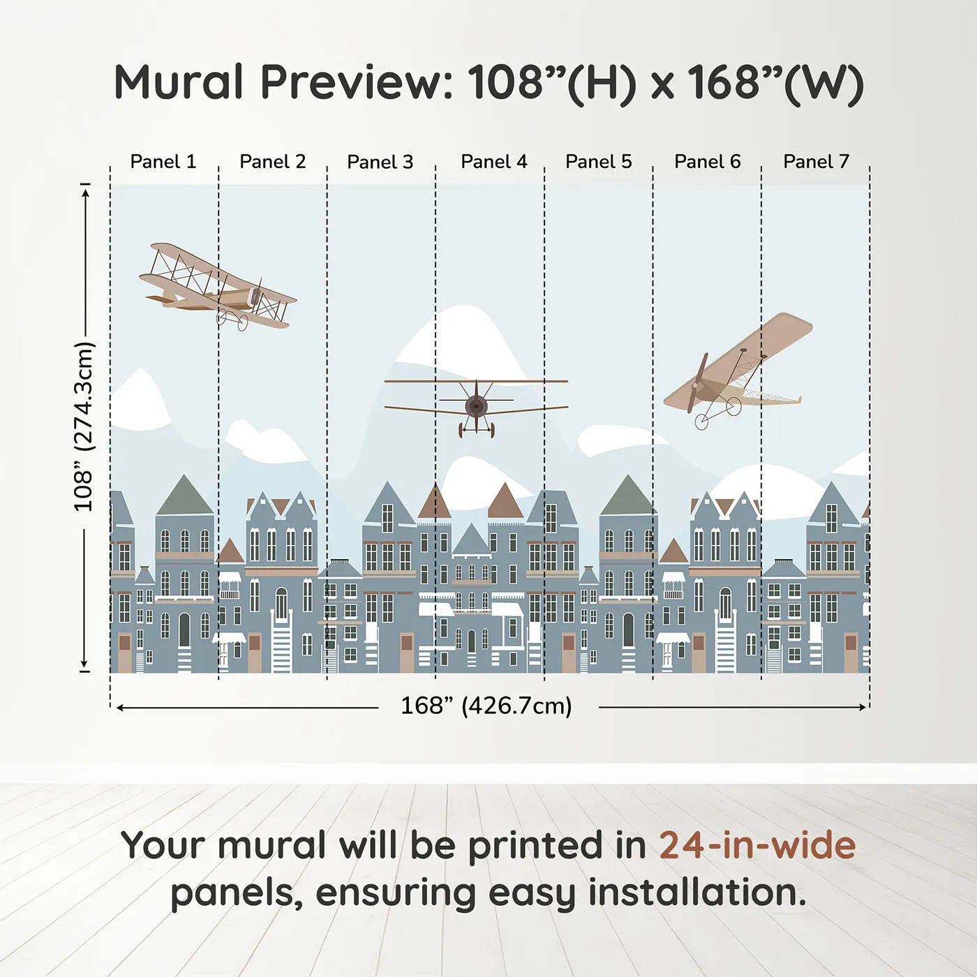 Whimsy Tots Vintage Planes Over Town Wall Muraldimension view (108" H x 168" W). Printed in seven 24-inch-wide panels. Gender-Neutral