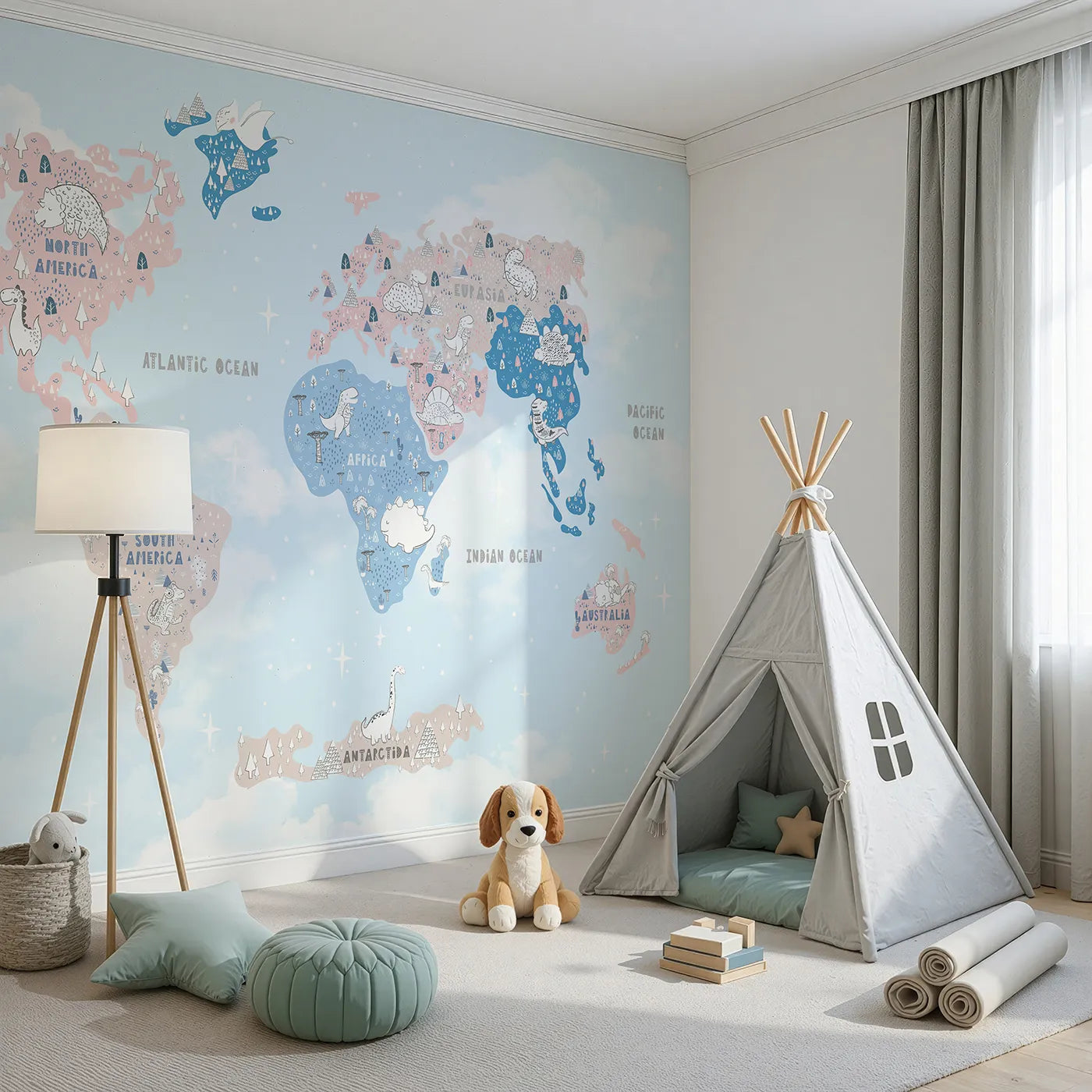 Angled view of Whimsy Tots' Doodle Dinosaur World Map Wall Mural (Turn Their Room into a Whimsical Prehistoric Planet).Gender-Neutral