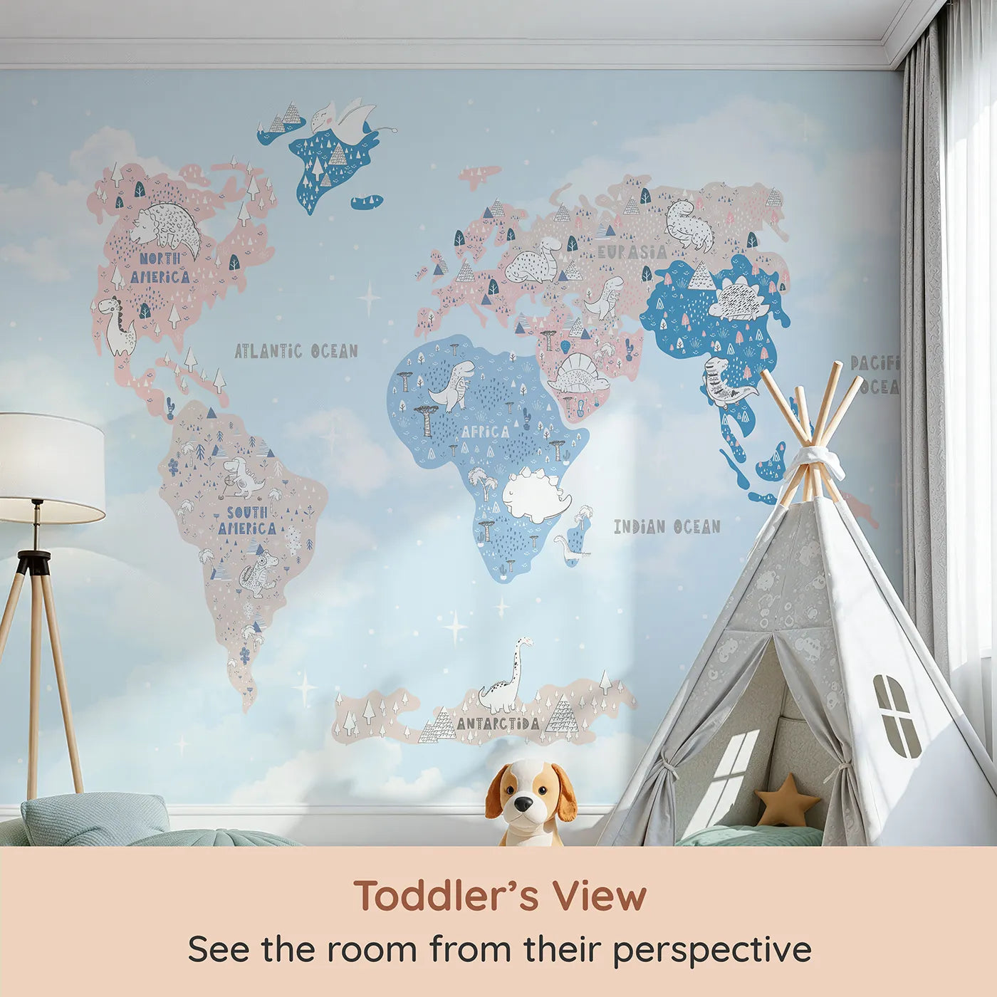 Whimsy Tots Doodle Dinosaur World Map Wall Mural (Turn Their Room into a Whimsical Prehistoric Planet) from your child's view.Gender-Neutral