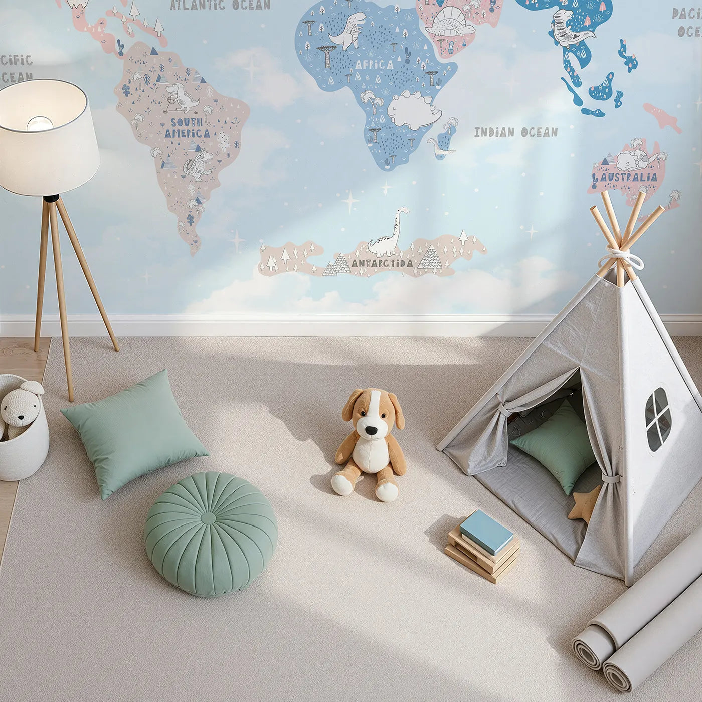 Top-down view of Whimsy Tots' Doodle Dinosaur World Map Wall Mural (Turn Their Room into a Whimsical Prehistoric Planet).Gender-Neutral