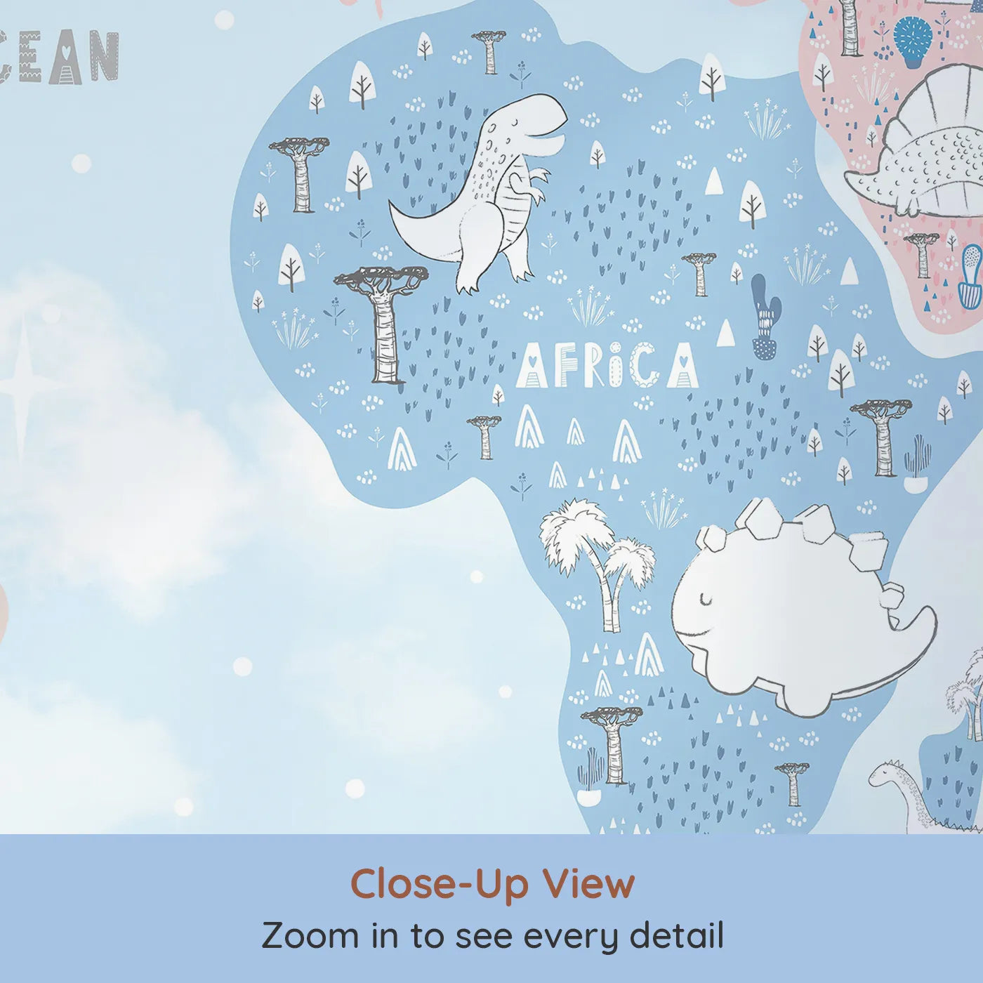 Close-up view of Whimsy Tots' Doodle Dinosaur World Map Wall Mural (Turn Their Room into a Whimsical Prehistoric Planet).Gender-Neutral