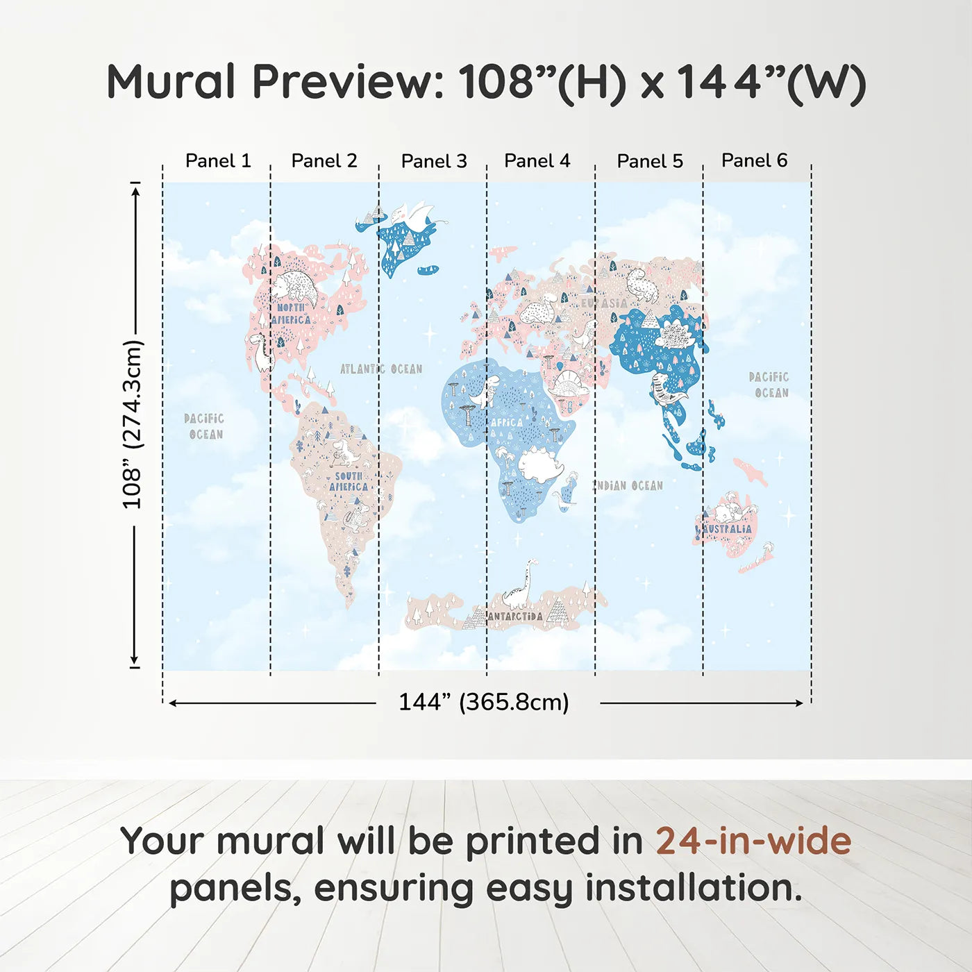 Whimsy Tots Doodle Dinosaur World Map Wall Muraldimension view (108" H x 144" W). Printed in six 24-inch-wide panels. Gender-Neutral