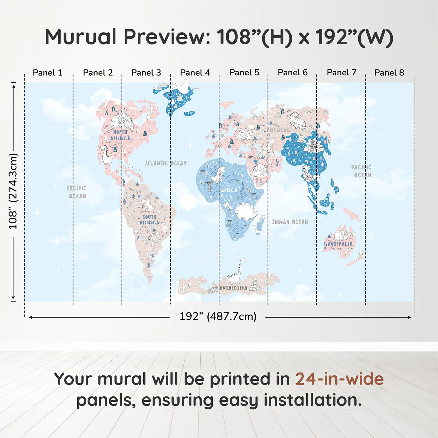 Whimsy Tots Doodle Dinosaur World Map Wall Muraldimension view (108" H x 192" W). Printed in eight 24-inch-wide panels. Gender-Neutral
