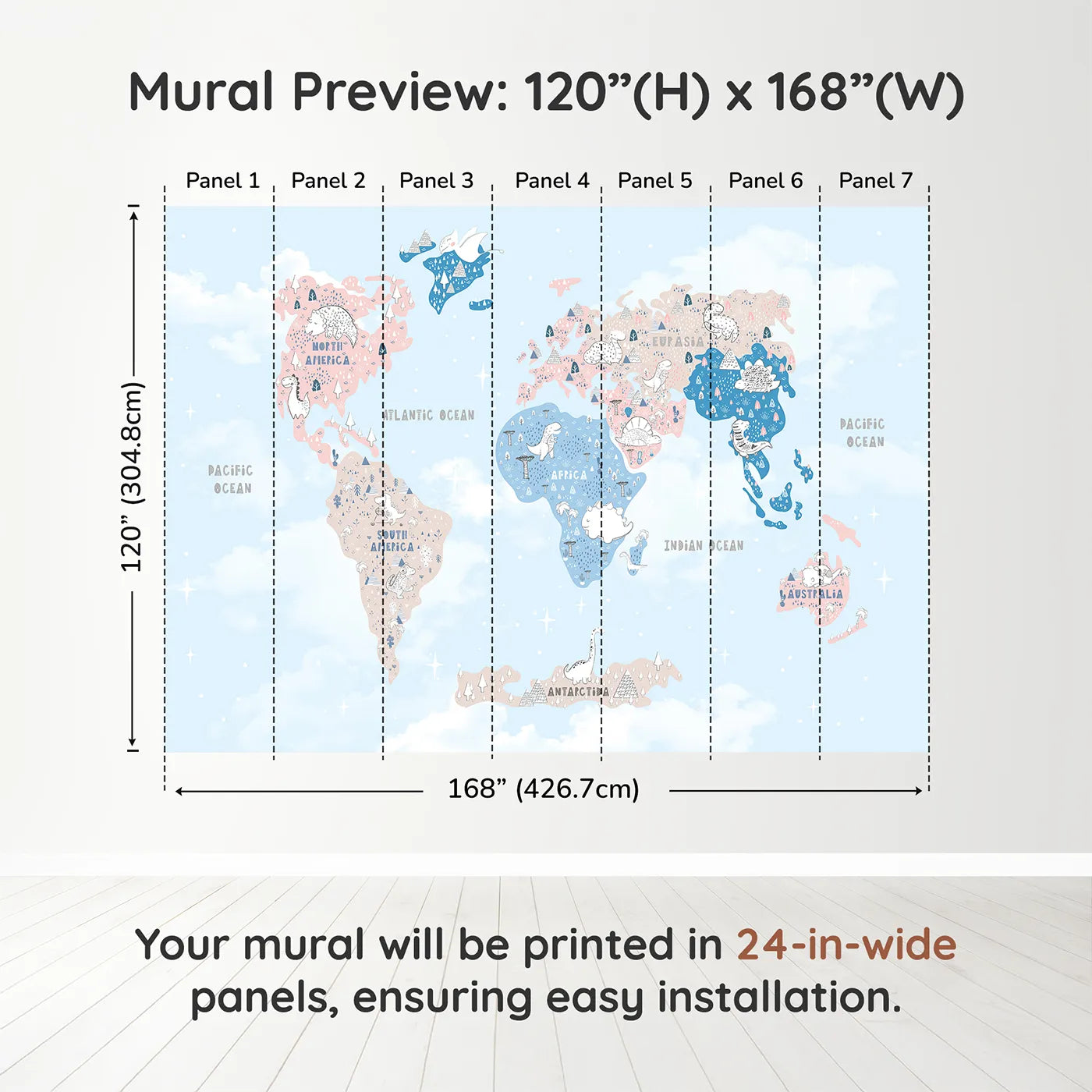Whimsy Tots Doodle Dinosaur World Map Wall Muraldimension view (120" H x 168" W). Printed in seven 24-inch-wide panels. Gender-Neutral