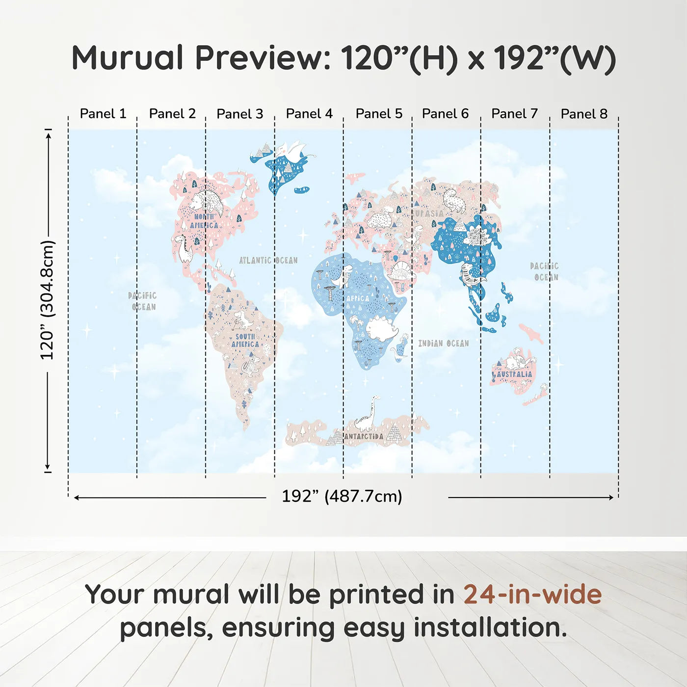 Whimsy Tots Doodle Dinosaur World Map Wall Muraldimension view (120" H x 192" W). Printed in eight 24-inch-wide panels. Gender-Neutral