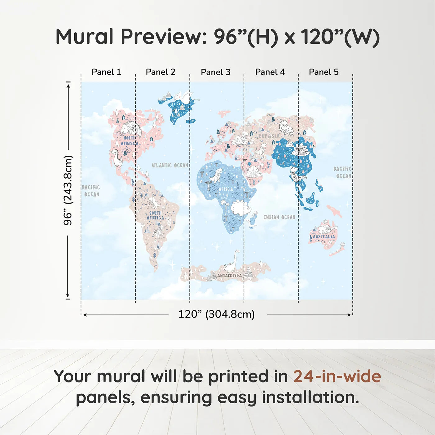 Whimsy Tots Doodle Dinosaur World Map Wall Muraldimension view (96" H x 120" W). Printed in five 24-inch-wide panels. Gender-Neutral