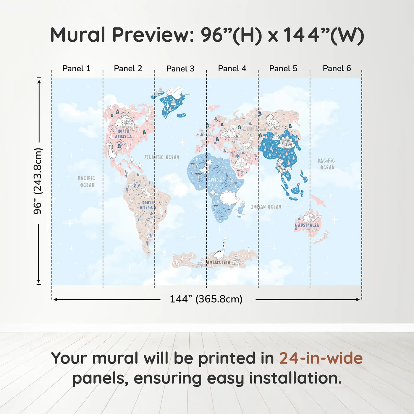 Whimsy Tots Doodle Dinosaur World Map Wall Muraldimension view (96" H x 144" W). Printed in six 24-inch-wide panels. Gender-Neutral