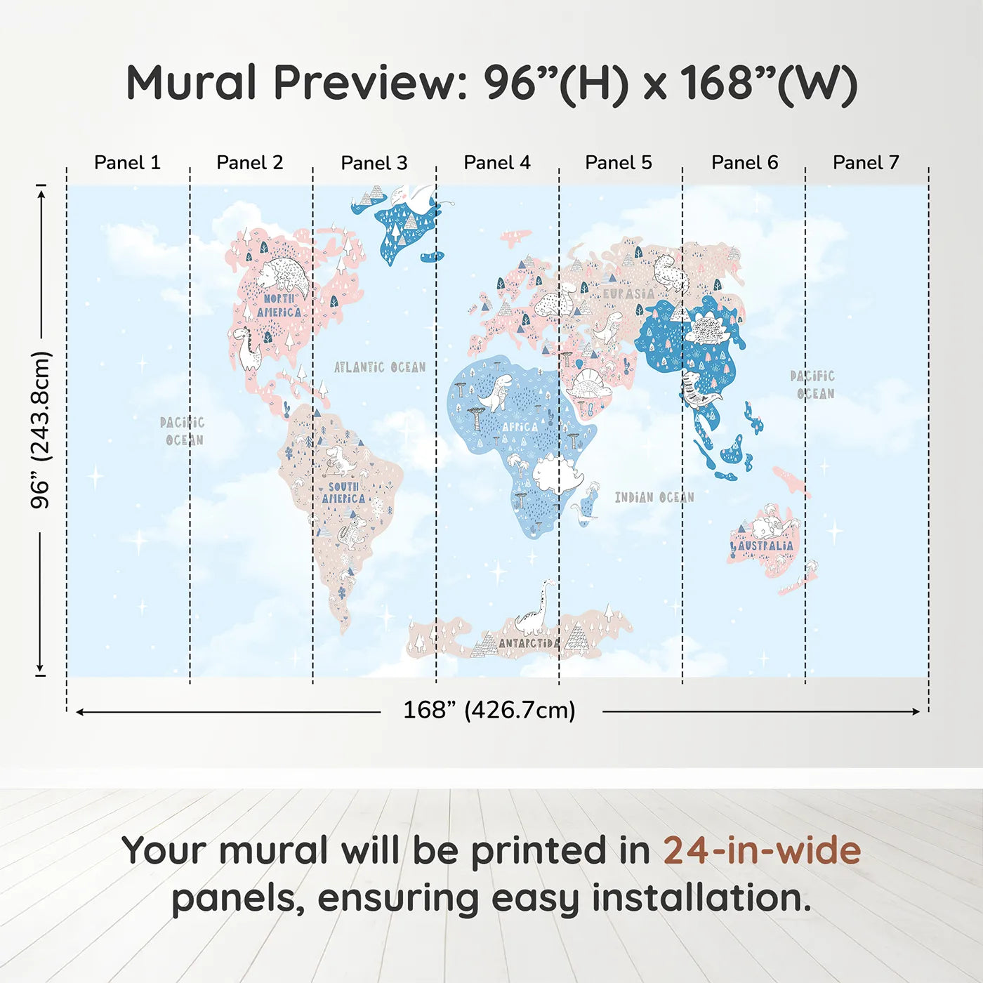 Whimsy Tots Doodle Dinosaur World Map Wall Muraldimension view (96" H x 168" W). Printed in seven 24-inch-wide panels. Gender-Neutral