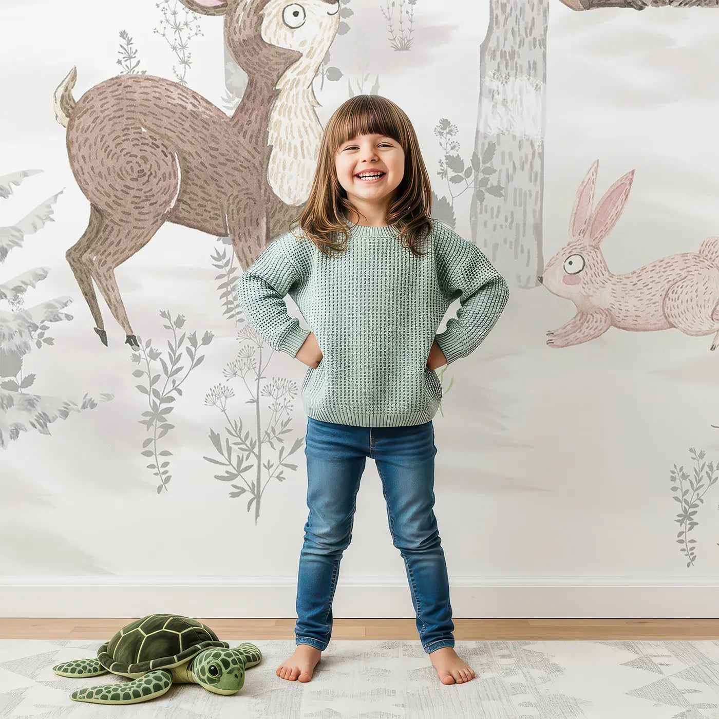 Child in front of Whimsy Tots Winter Woodland Friends Wall Mural with woodland, animal, forest, winter, snow, bear, fox, cute in design.