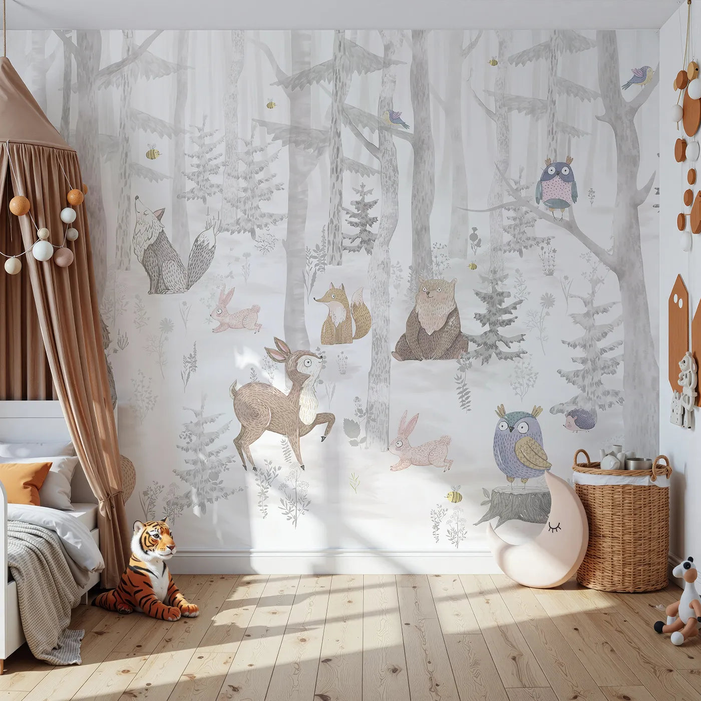 Front view of Whimsy Tots' Winter Woodland Friends Wall Mural