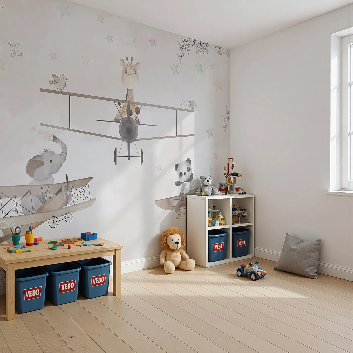 Angled view of Whimsy Tots' Safari Aviators Wall Mural (Turn Their Room into a High-Flying Safari Adventure).Gender-Neutral