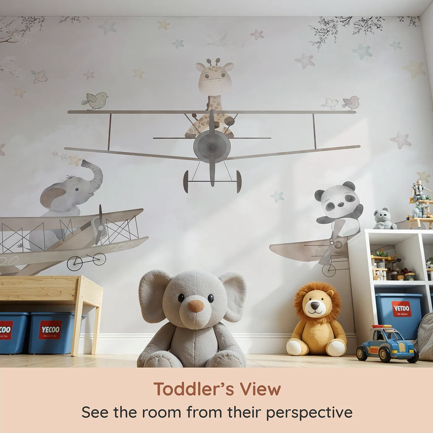 Whimsy Tots Safari Aviators Wall Mural (Turn Their Room into a High-Flying Safari Adventure) from your child's view.Gender-Neutral