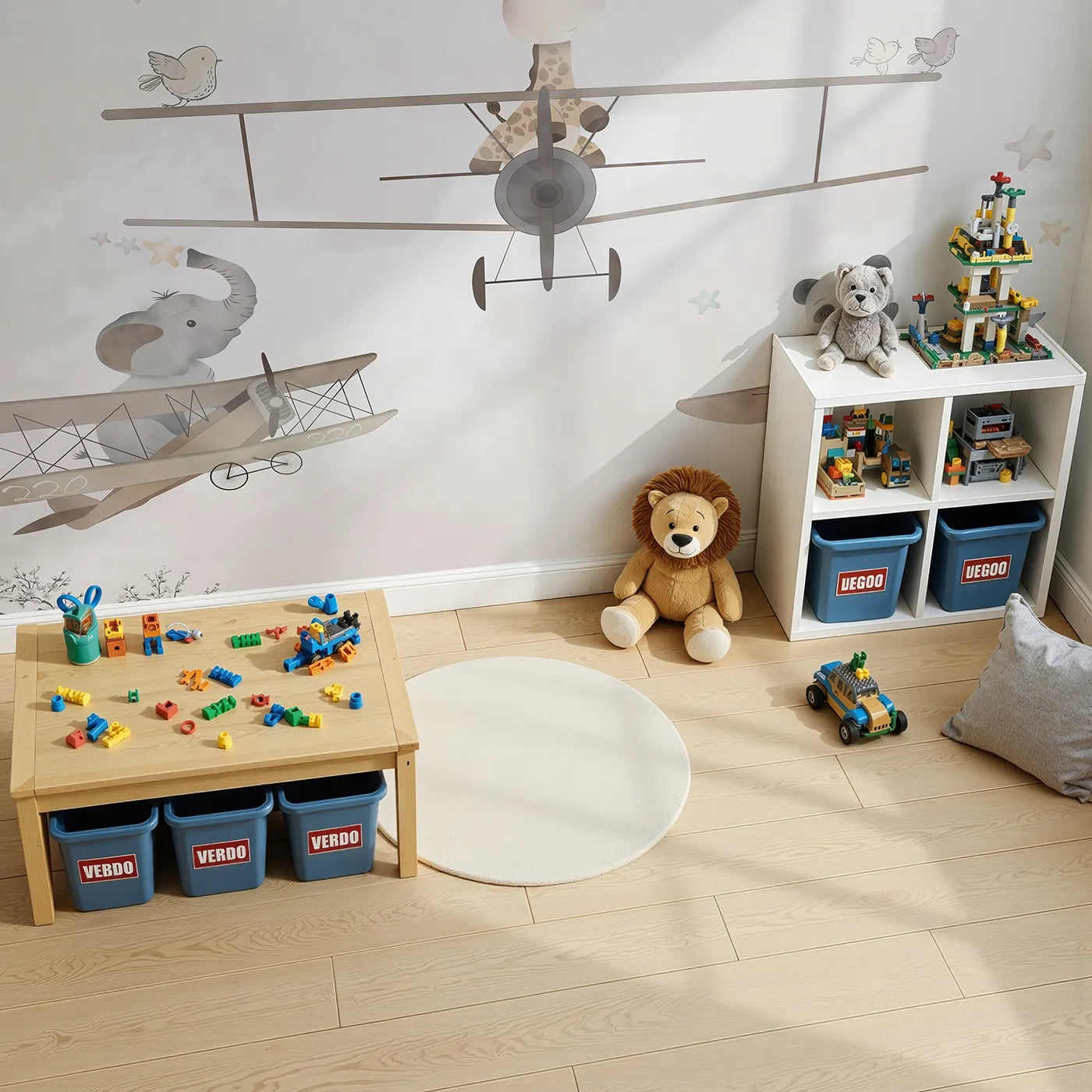 Top-down view of Whimsy Tots' Safari Aviators Wall Mural (Turn Their Room into a High-Flying Safari Adventure).Gender-Neutral